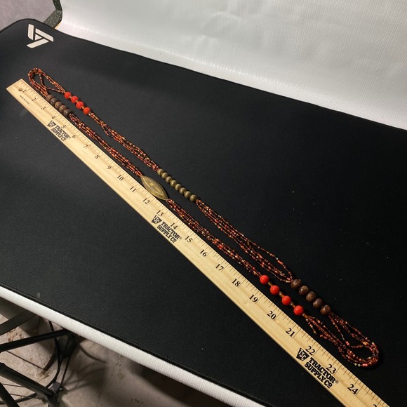 Bohemian Layered Beaded Necklace Wood Beads Orange Red Gold Accent Statement - Picture 9 of 9